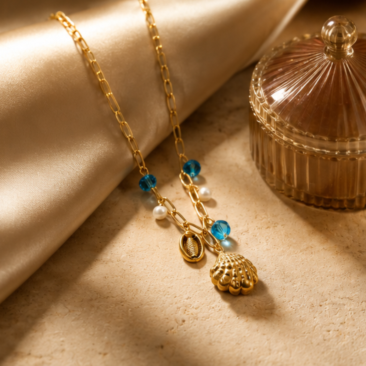 Gold Tone Blue Beaded Shell Charm Pendant Necklace