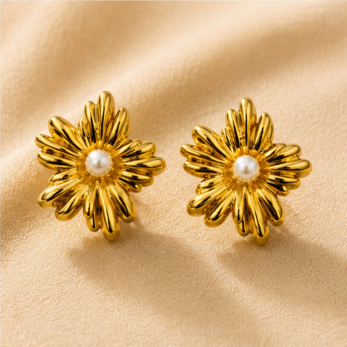 Gold Tone Floral Stud Earrings with White Centre