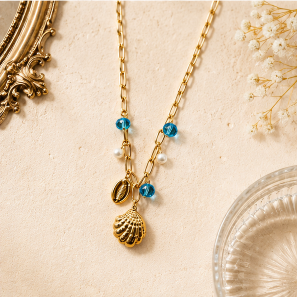 Gold Tone Blue Beaded Shell Charm Pendant Necklace