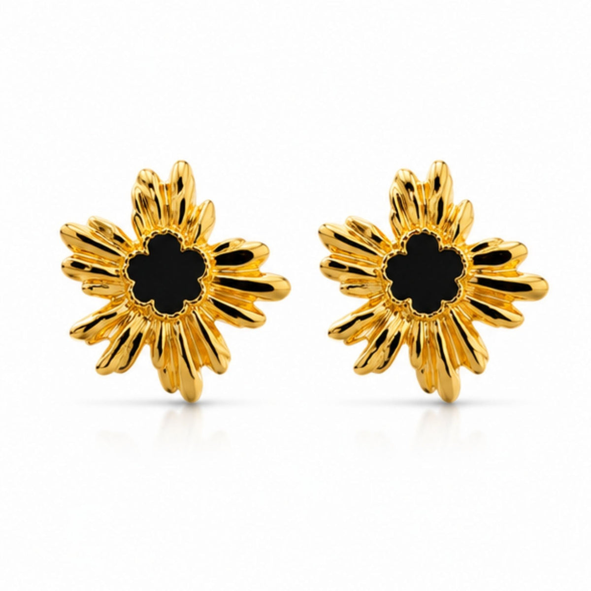 Gold Tone Black Floral Stud Earrings for Everyday Elegance