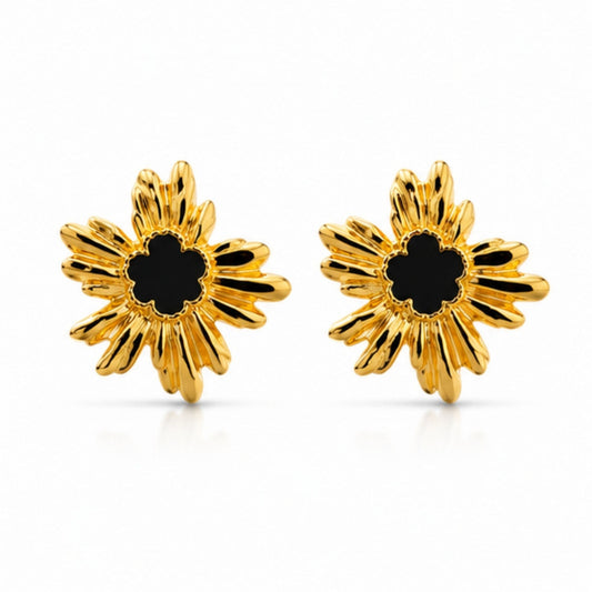 Gold Tone Black Floral Stud Earrings for Everyday Elegance