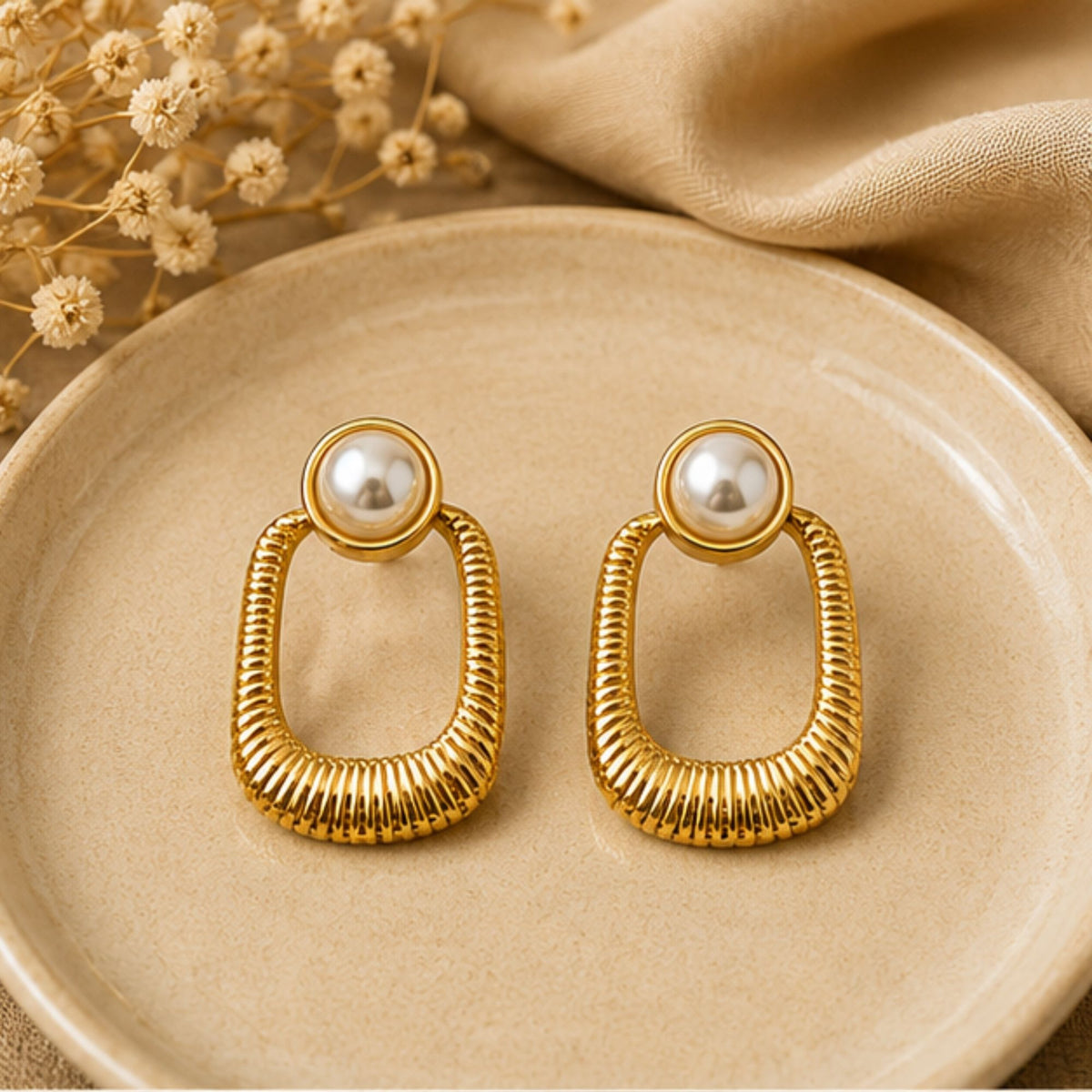 Gold Tone Pearl Oval Hoop Earrings for Everyday Elegance