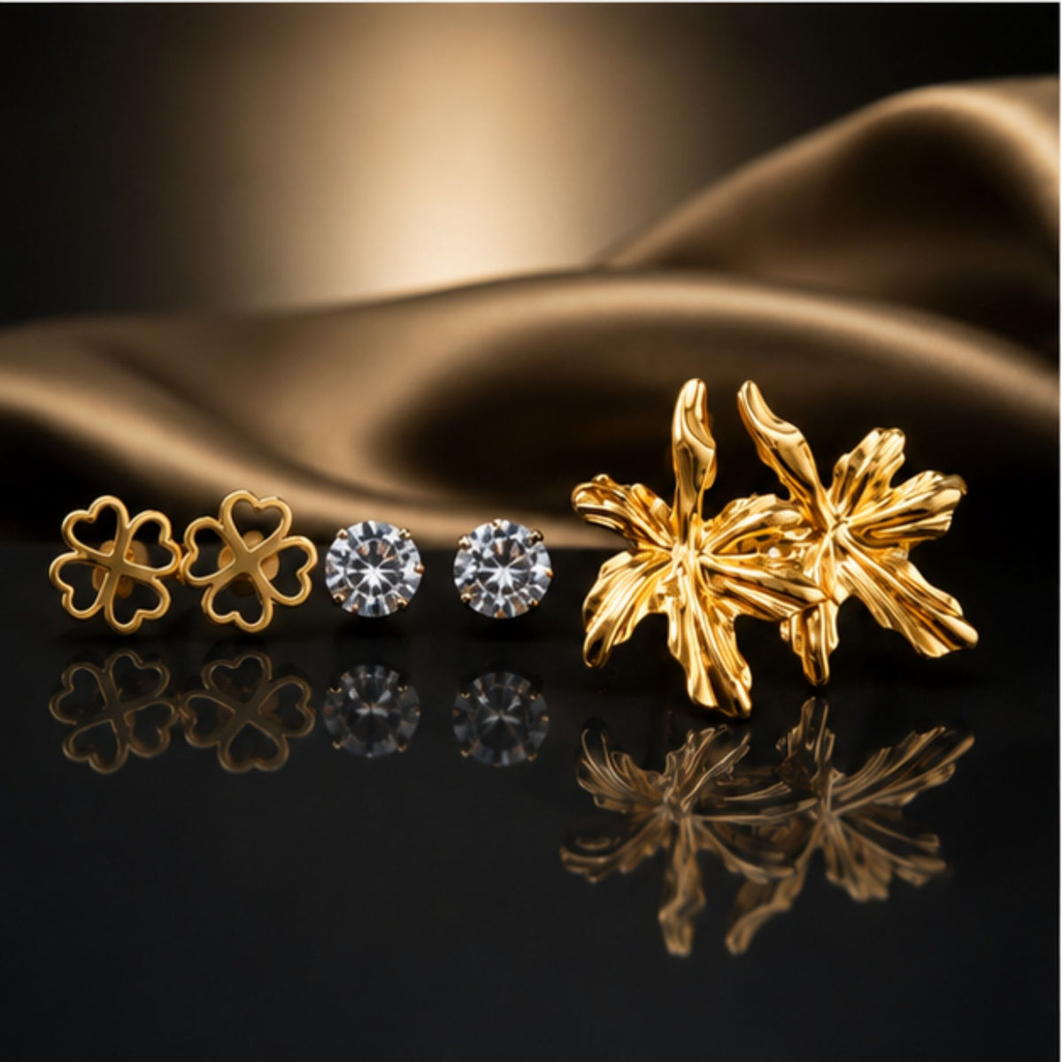 Floral Gold Tone Stud Earrings with Stone Accents