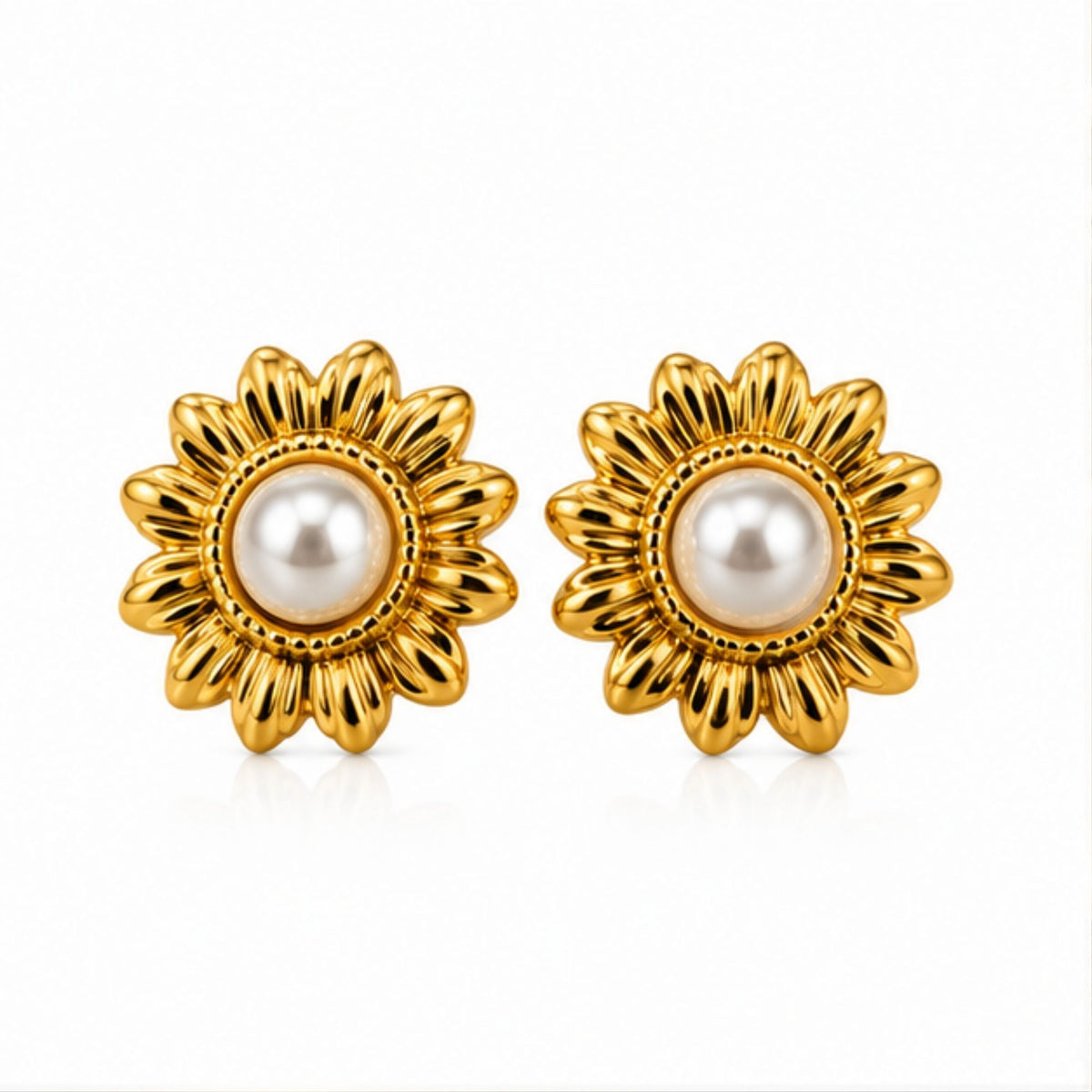 Gold Tone Pearl Floral Stud Earrings for Everyday Elegance