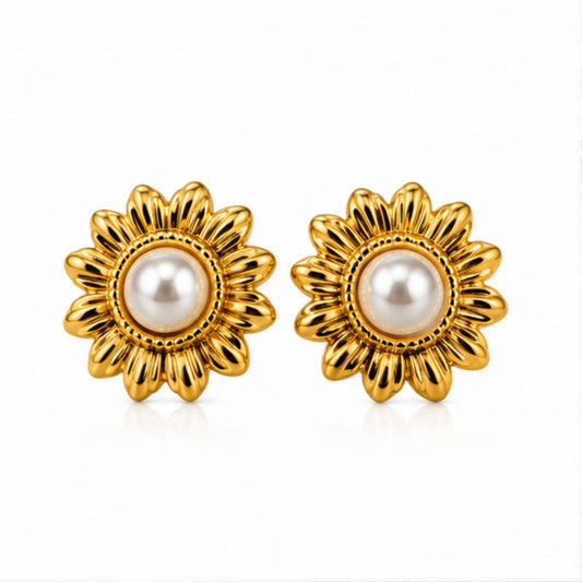 Gold Tone Pearl Floral Stud Earrings for Everyday Elegance