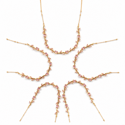 Pink Beaded Gold Tone Delicate Layered Necklace