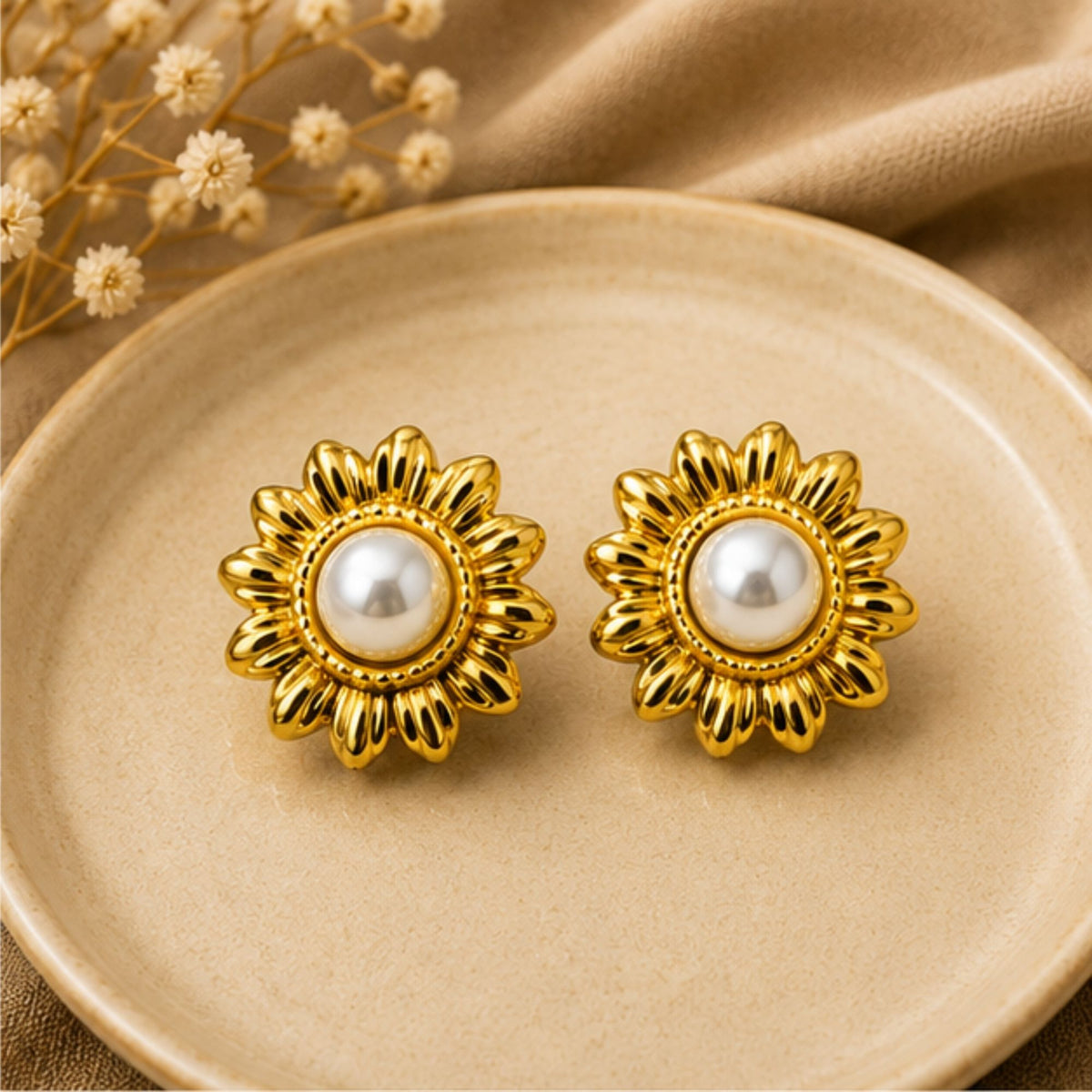 Gold Tone Pearl Floral Stud Earrings for Everyday Elegance