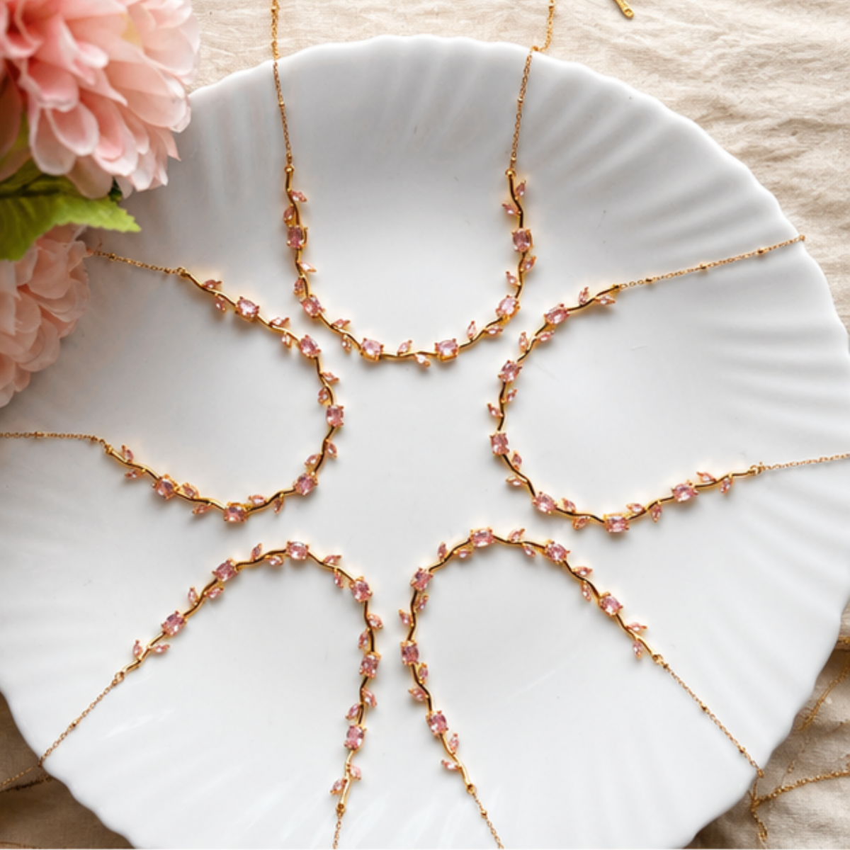 Pink Beaded Gold Tone Delicate Layered Necklace