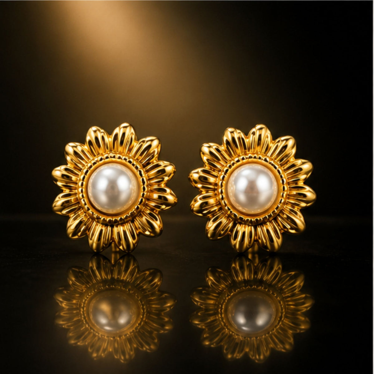 Gold Tone Pearl Floral Stud Earrings for Everyday Elegance