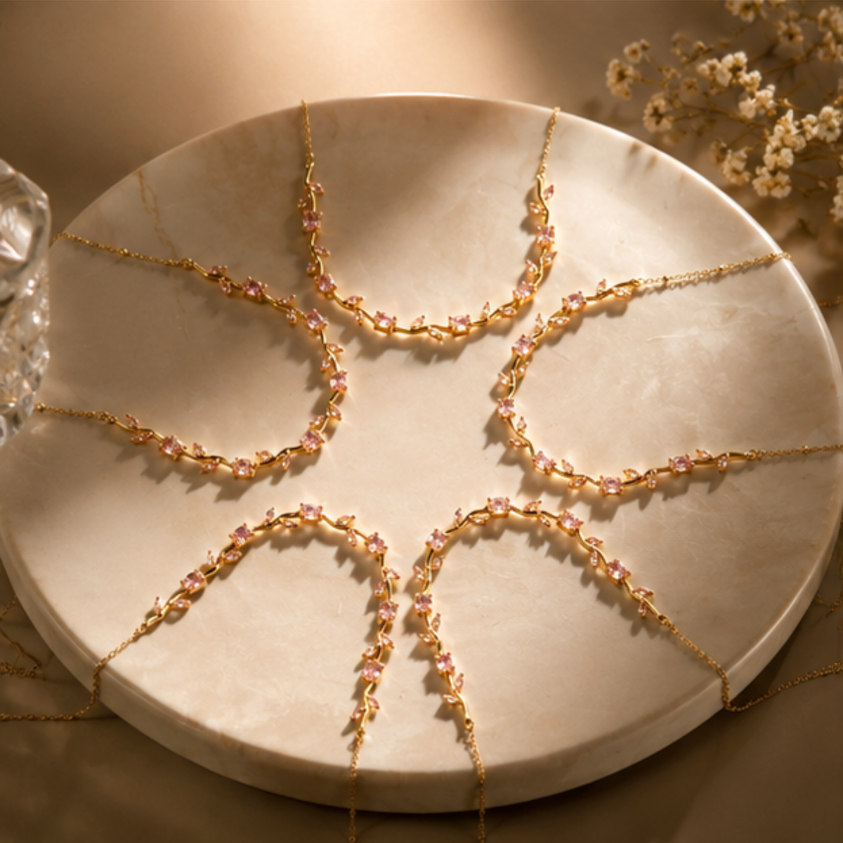 Pink Beaded Gold Tone Delicate Layered Necklace