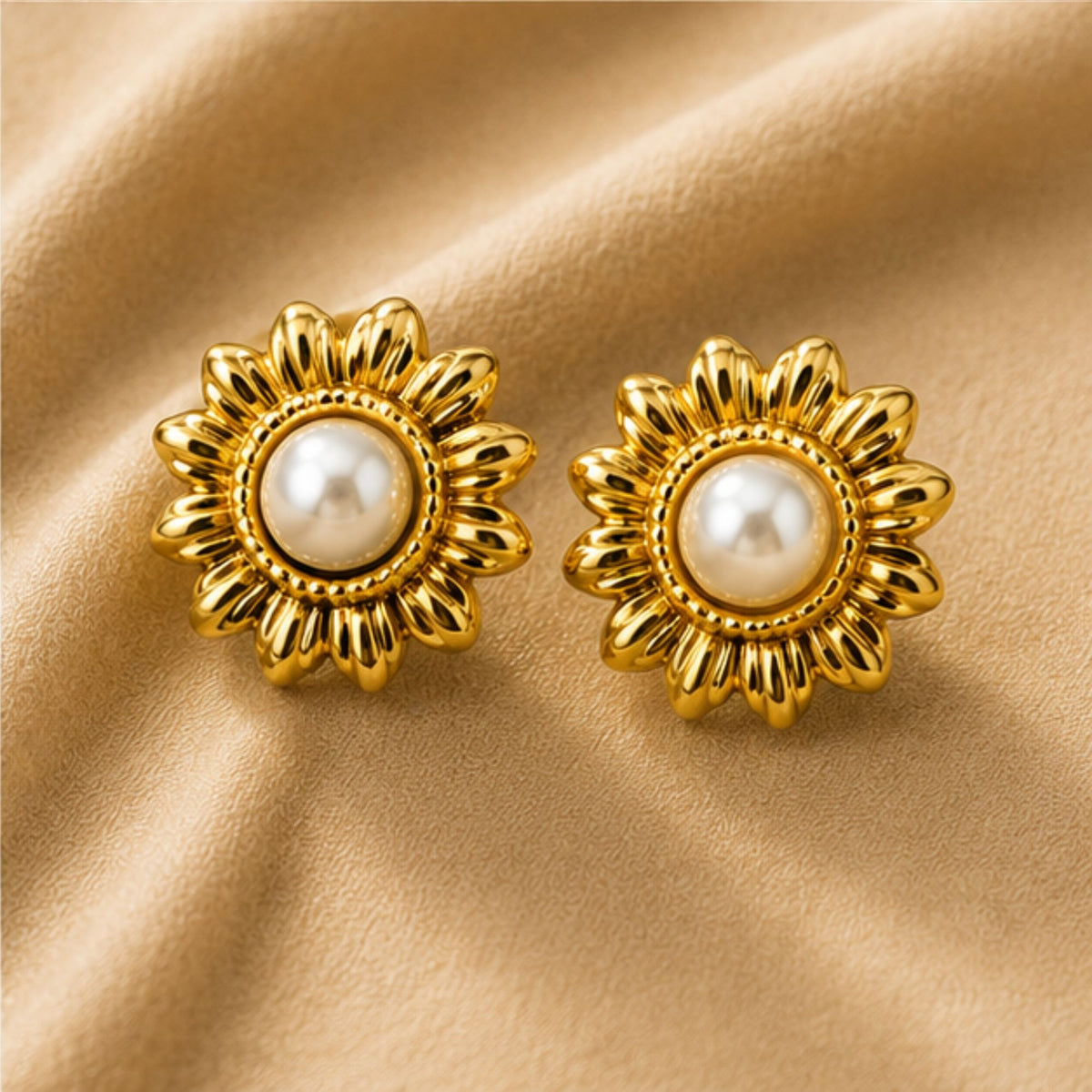 Gold Tone Pearl Floral Stud Earrings for Everyday Elegance