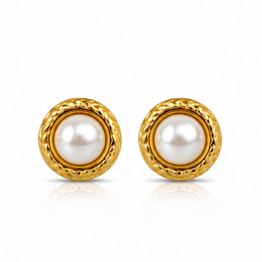 Gold Tone Pearl Round Stud Earrings for Everyday Elegance