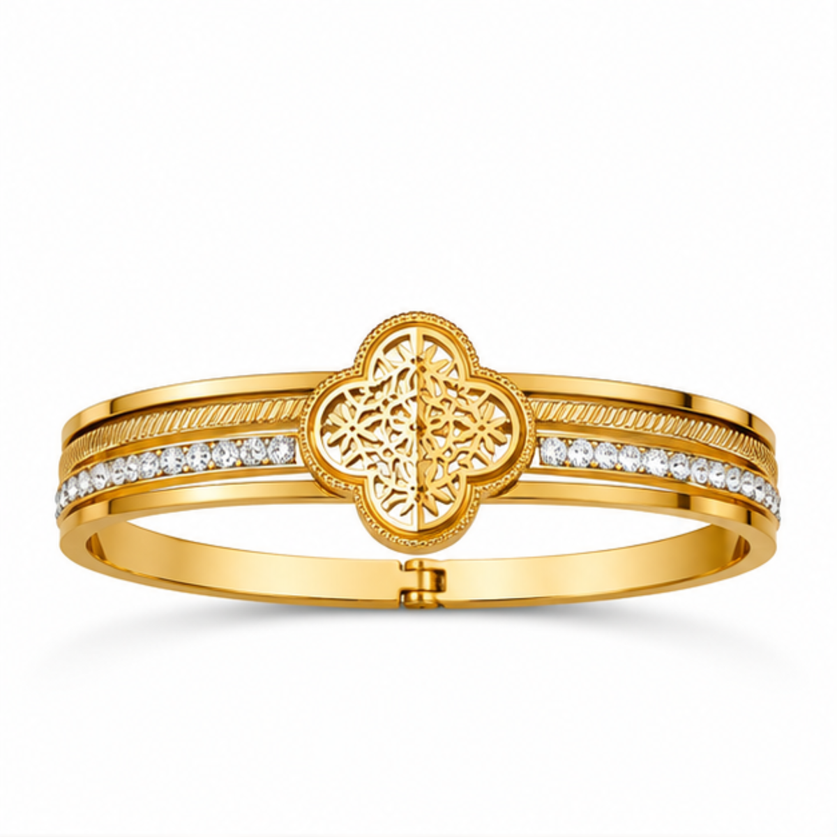 Intricate Gold Tone Floral Bracelet with Crystal Accents