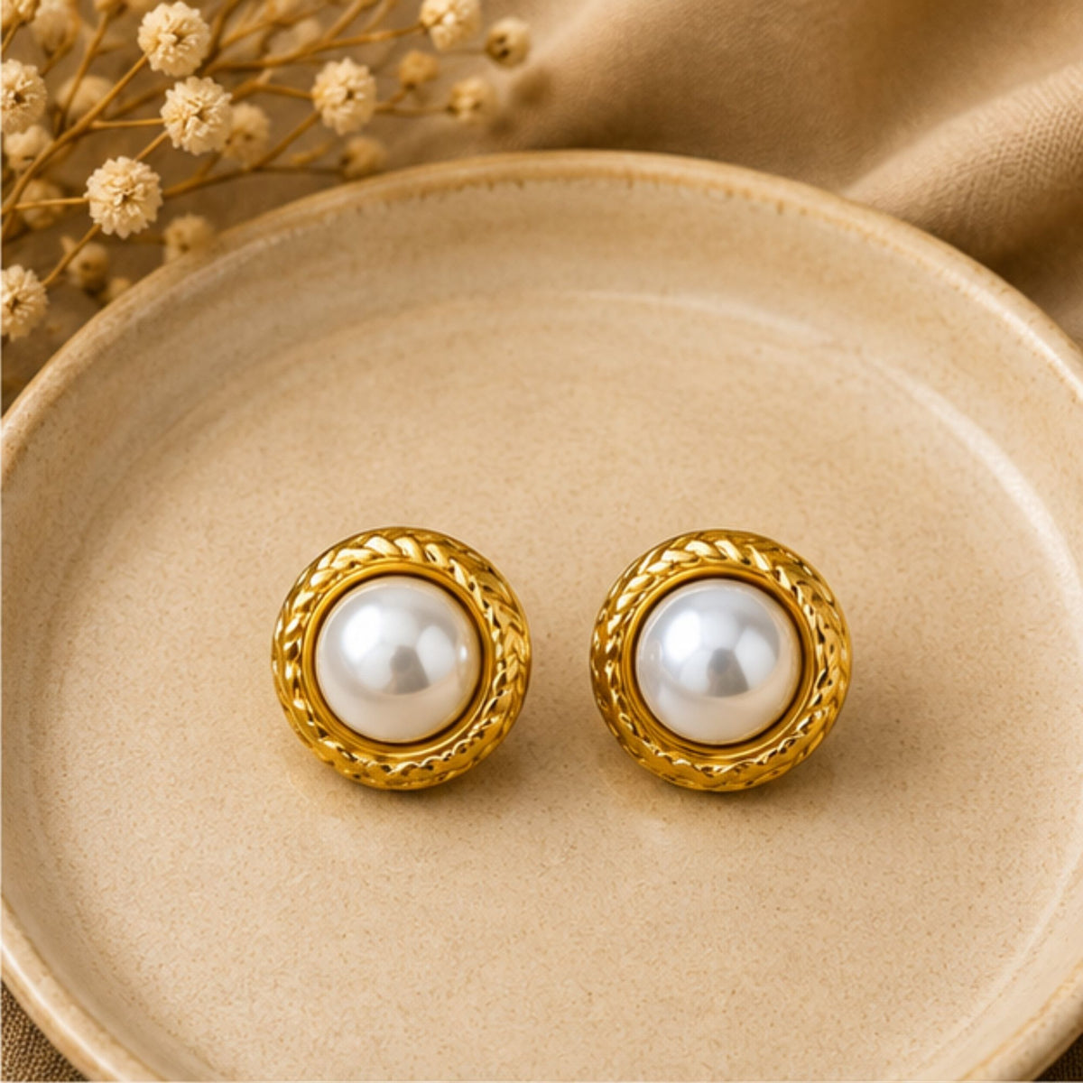 Gold Tone Pearl Round Stud Earrings for Everyday Elegance