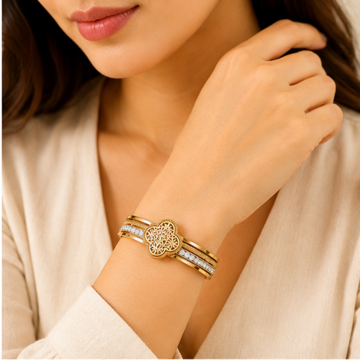 Intricate Gold Tone Floral Bracelet with Crystal Accents