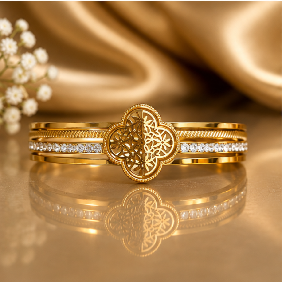 Intricate Gold Tone Floral Bracelet with Crystal Accents