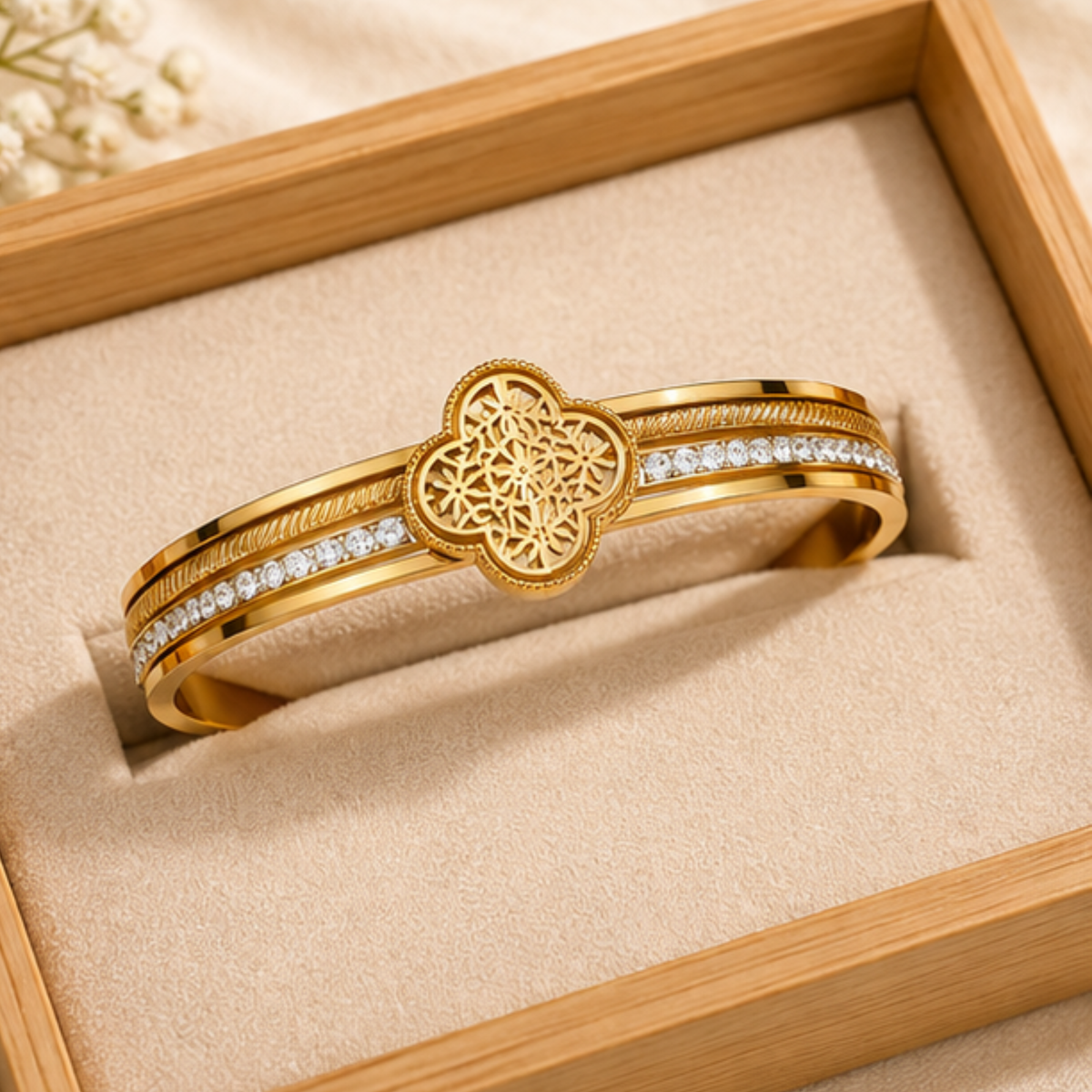 Intricate Gold Tone Floral Bracelet with Crystal Accents