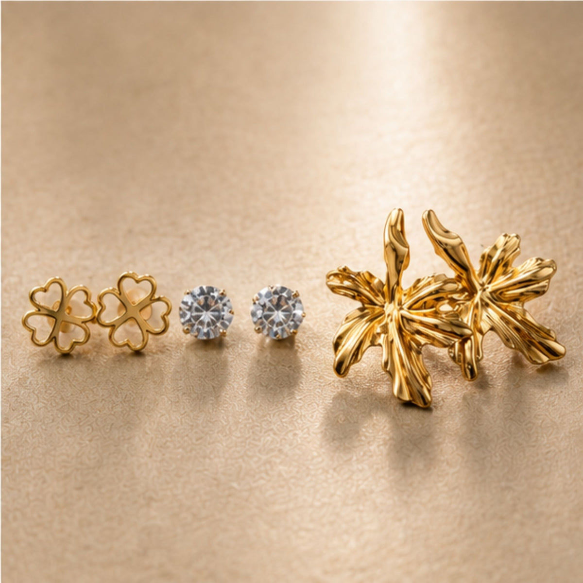Floral Gold Tone Stud Earrings with Stone Accents