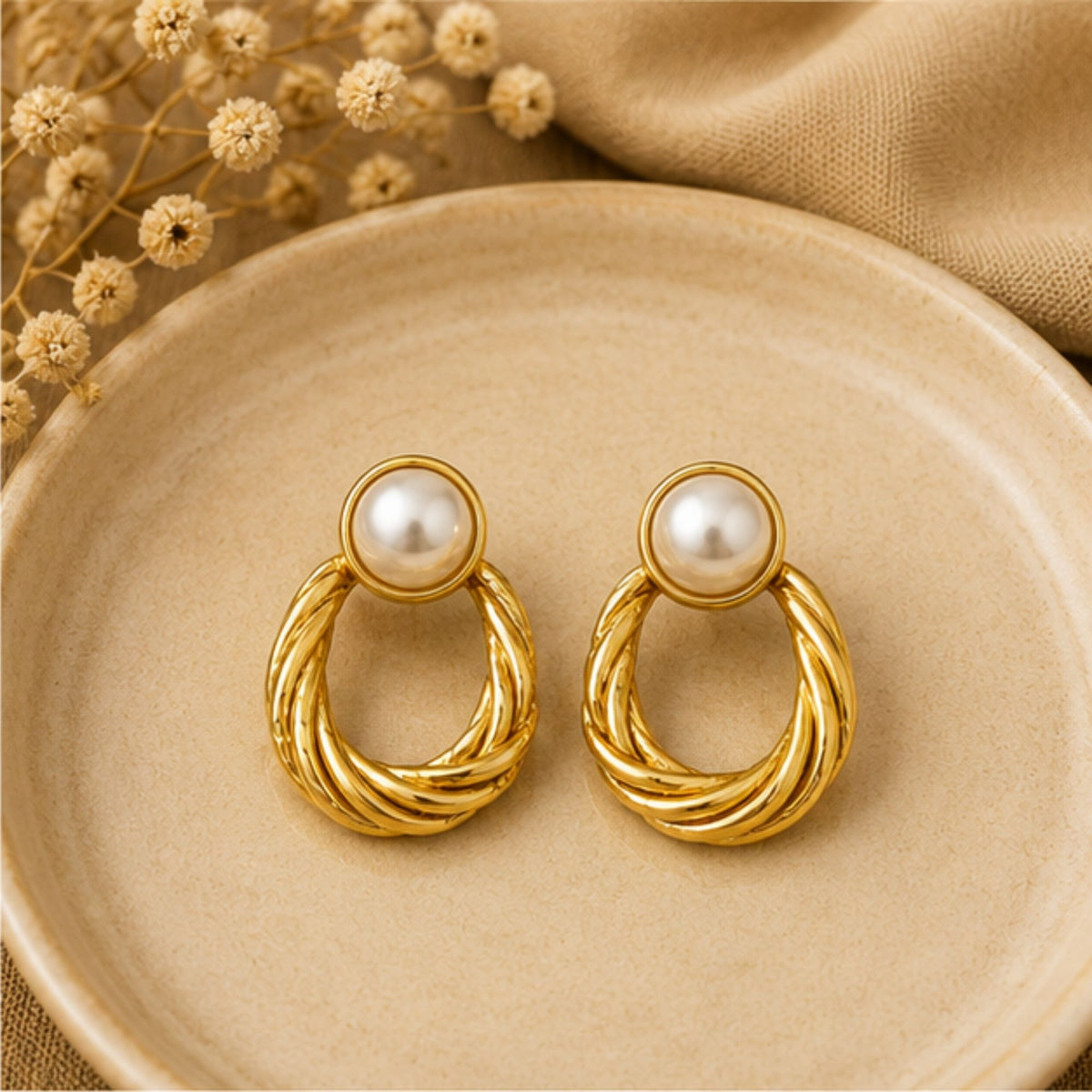 Gold Tone Pearl Twisted Drop Earrings for Everyday Elegance