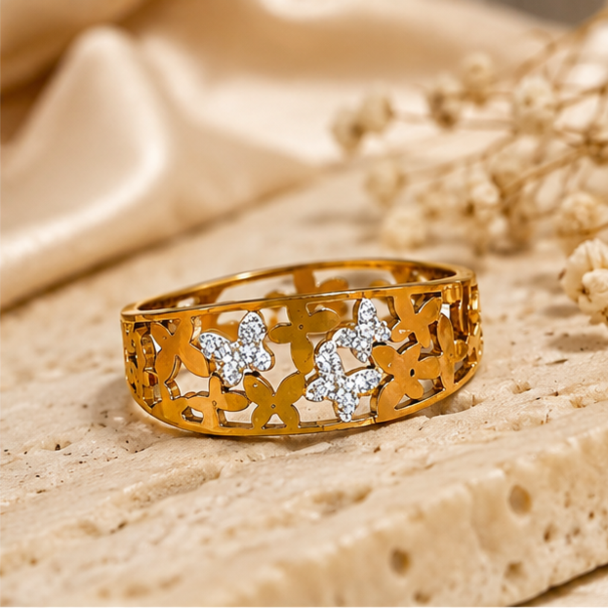 Gold Floral Cutout Bracelet with Elegant Sparkle