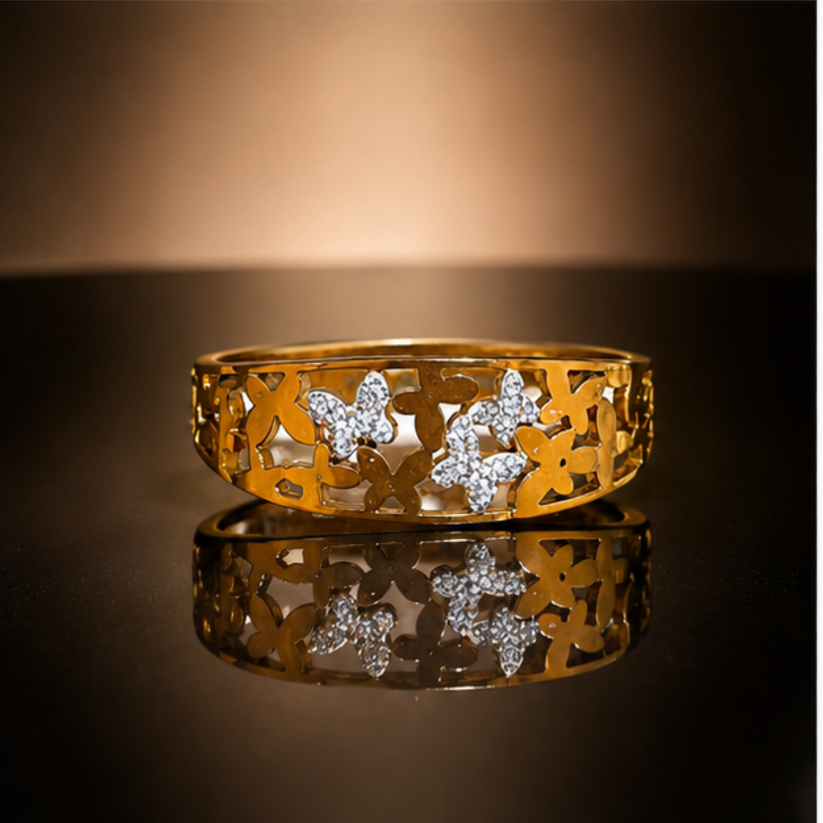 Gold Floral Cutout Bracelet with Elegant Sparkle