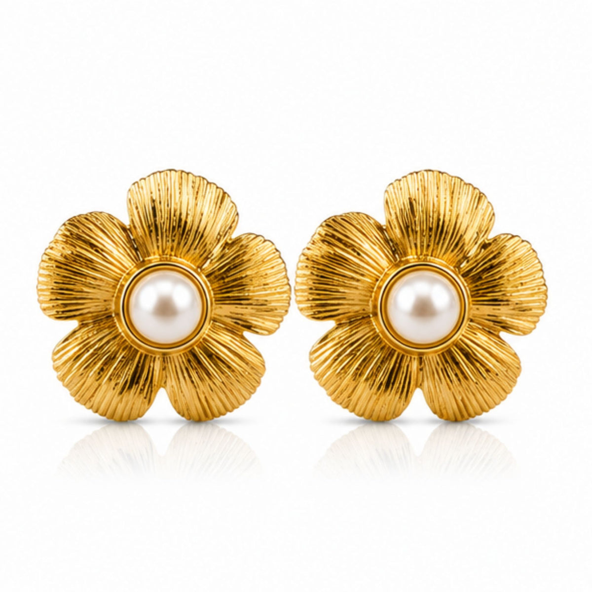 Gold Tone Pearl Floral Stud Earrings for Everyday Elegance