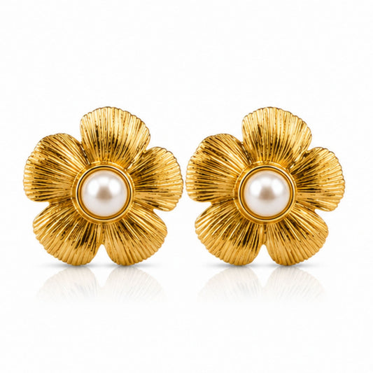 Gold Tone Pearl Floral Stud Earrings for Everyday Elegance