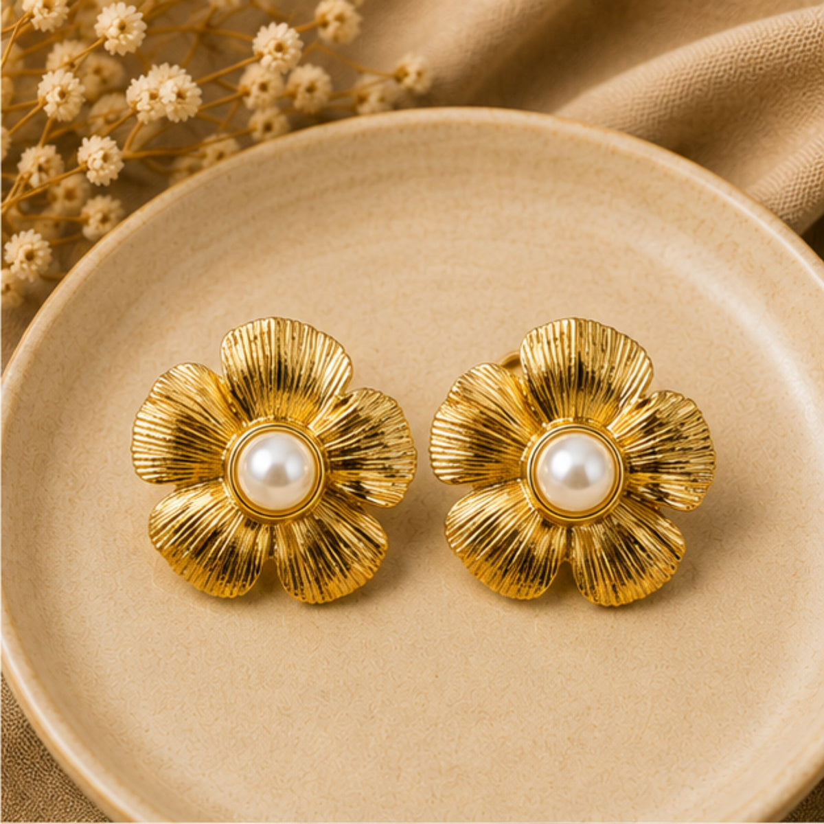 Gold Tone Pearl Floral Stud Earrings for Everyday Elegance