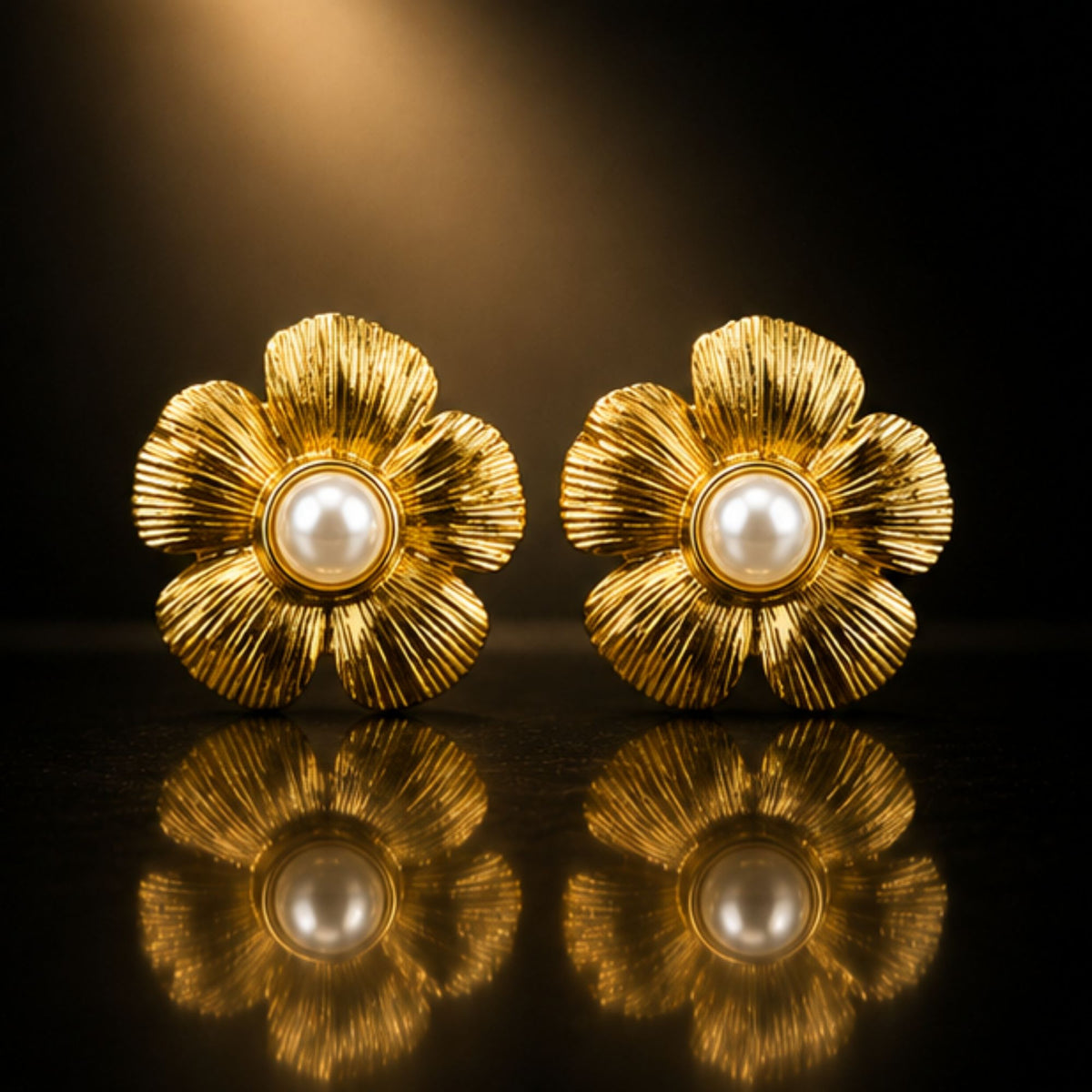 Gold Tone Pearl Floral Stud Earrings for Everyday Elegance