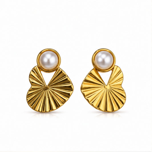 Gold Tone Pearl Fan Drop Earrings for Everyday Elegance