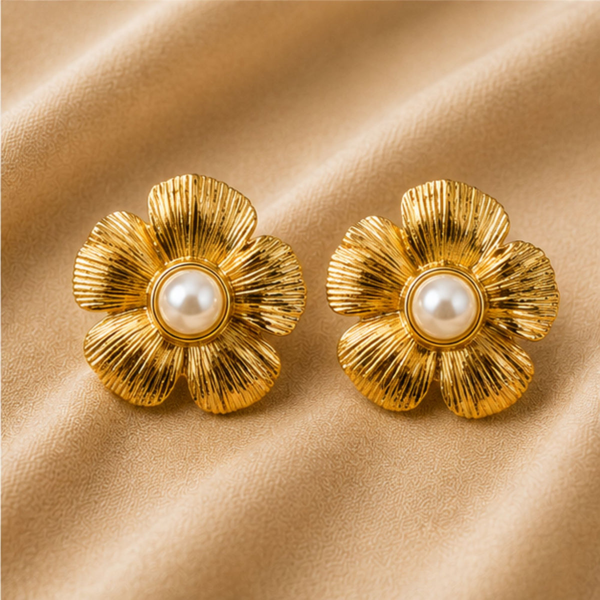 Gold Tone Pearl Floral Stud Earrings for Everyday Elegance