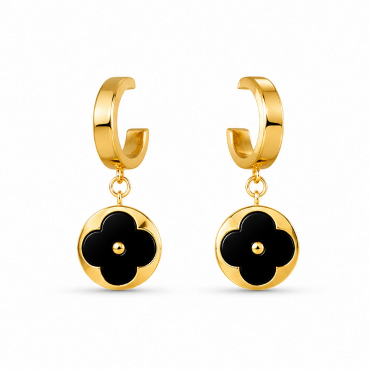 Gold Tone Black Floral Drop Hoop Earrings