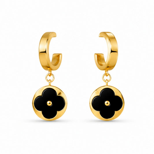 Gold Tone Black Floral Drop Hoop Earrings