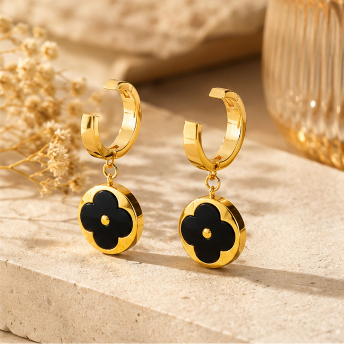 Gold Tone Black Floral Drop Hoop Earrings