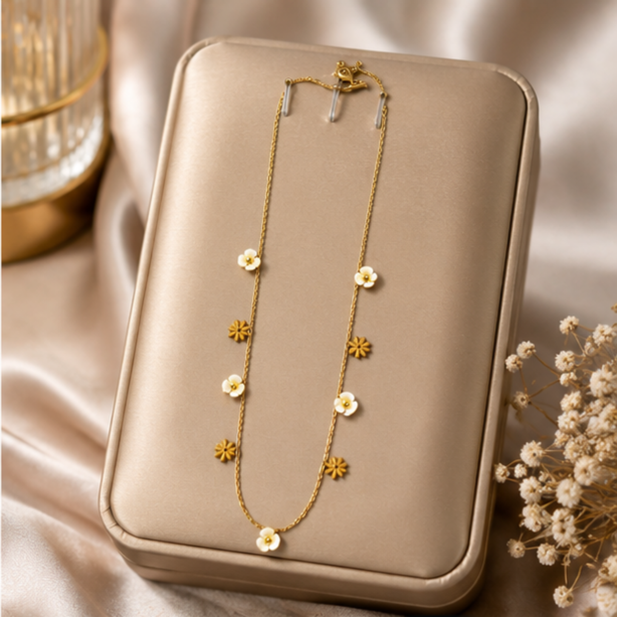 Gold Floral Charm Long Necklace for Everyday Elegance