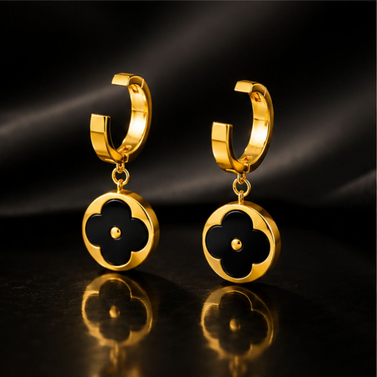 Gold Tone Black Floral Drop Hoop Earrings