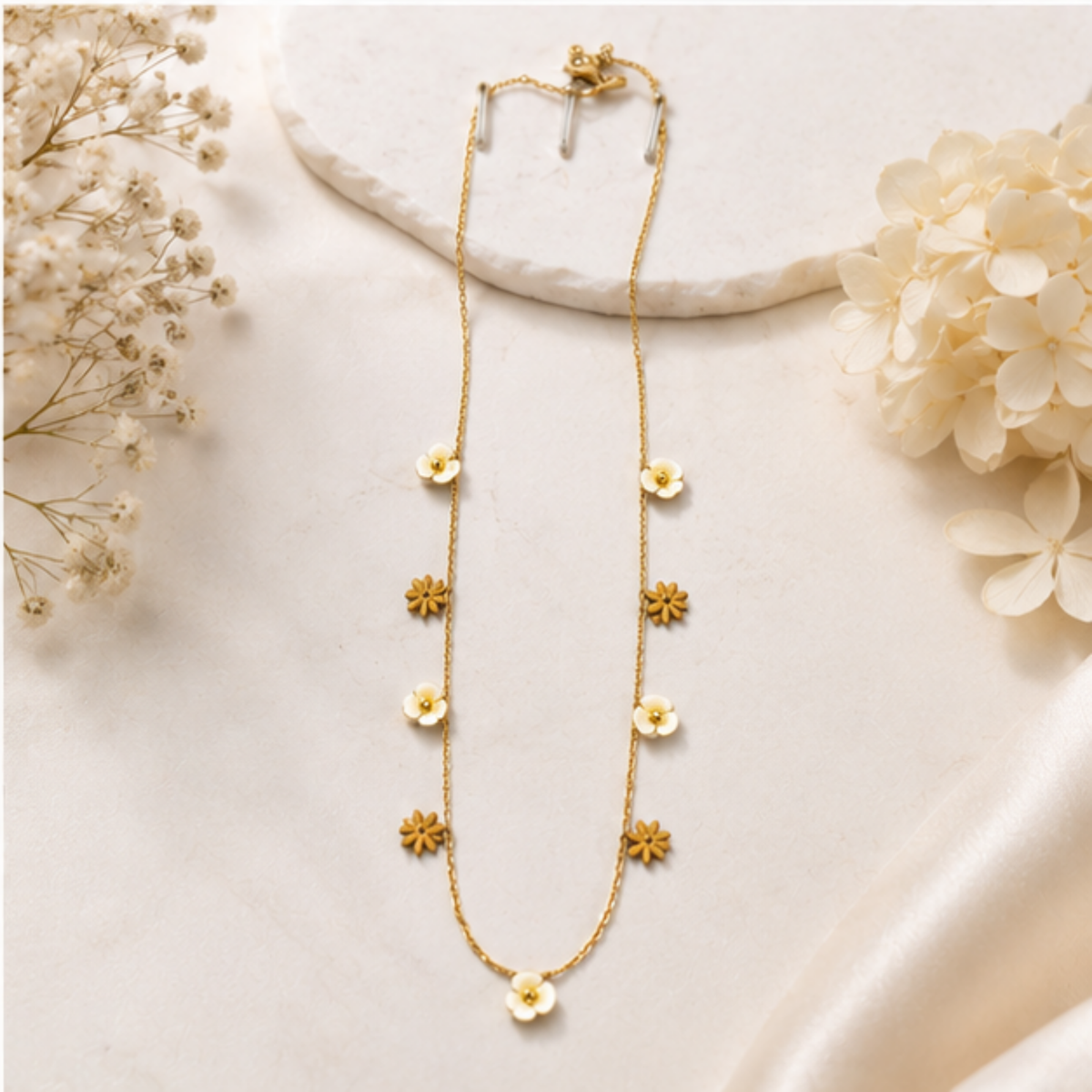 Gold Floral Charm Long Necklace for Everyday Elegance
