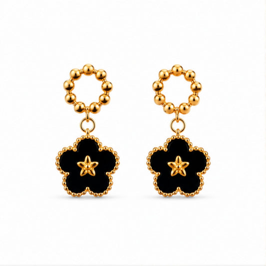 Gold Floral Black Drop Earrings for Everyday Elegance