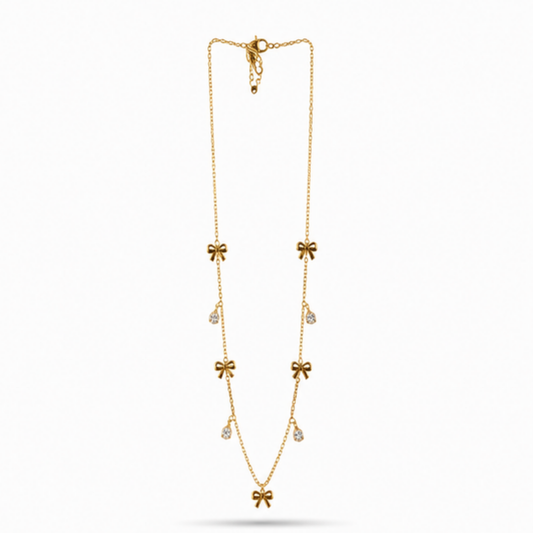 Gold Floral Long Necklace with Delicate Drop Accents