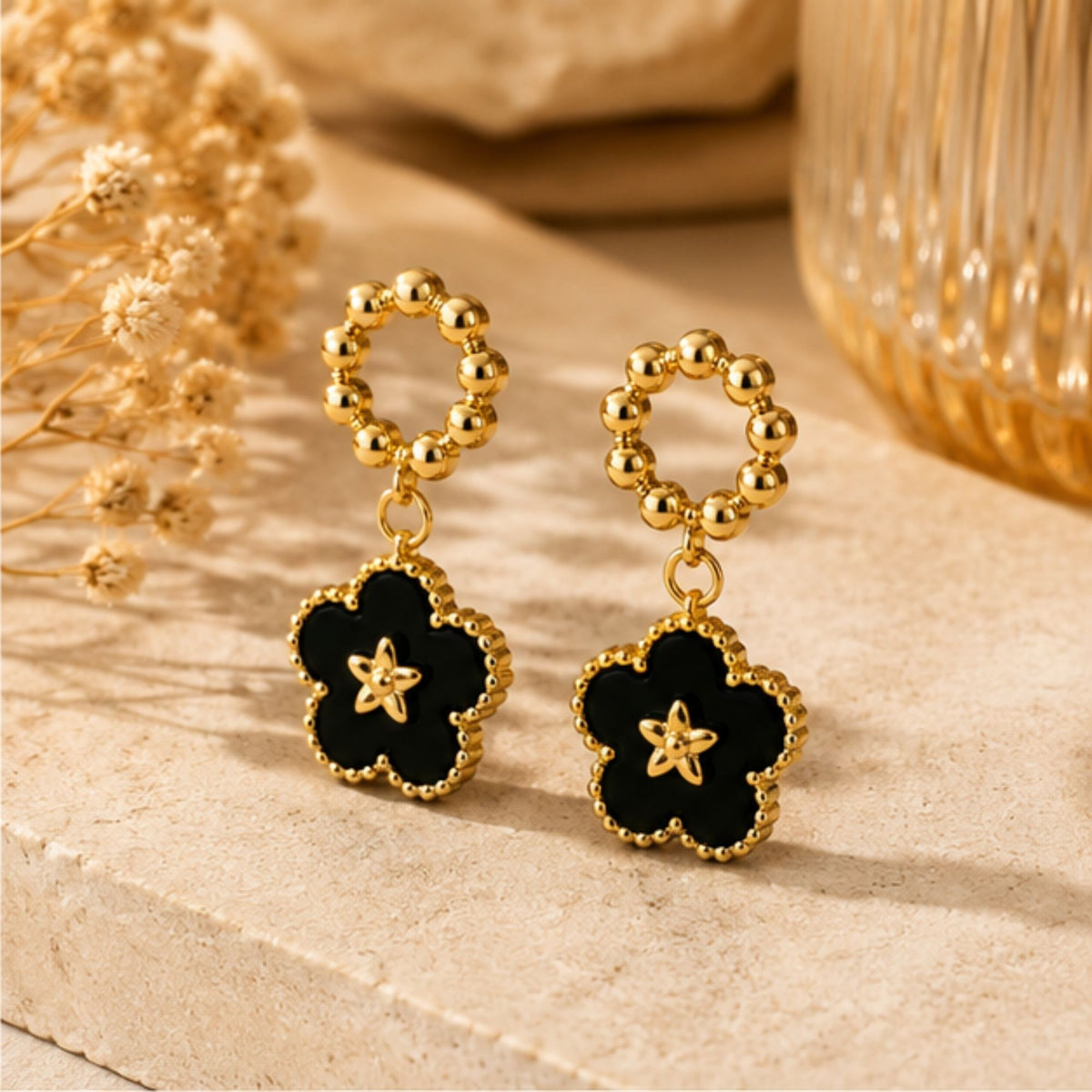 Gold Floral Black Drop Earrings for Everyday Elegance