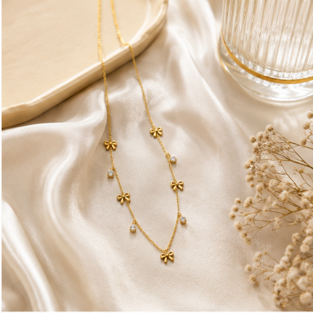 Gold Floral Long Necklace with Delicate Drop Accents