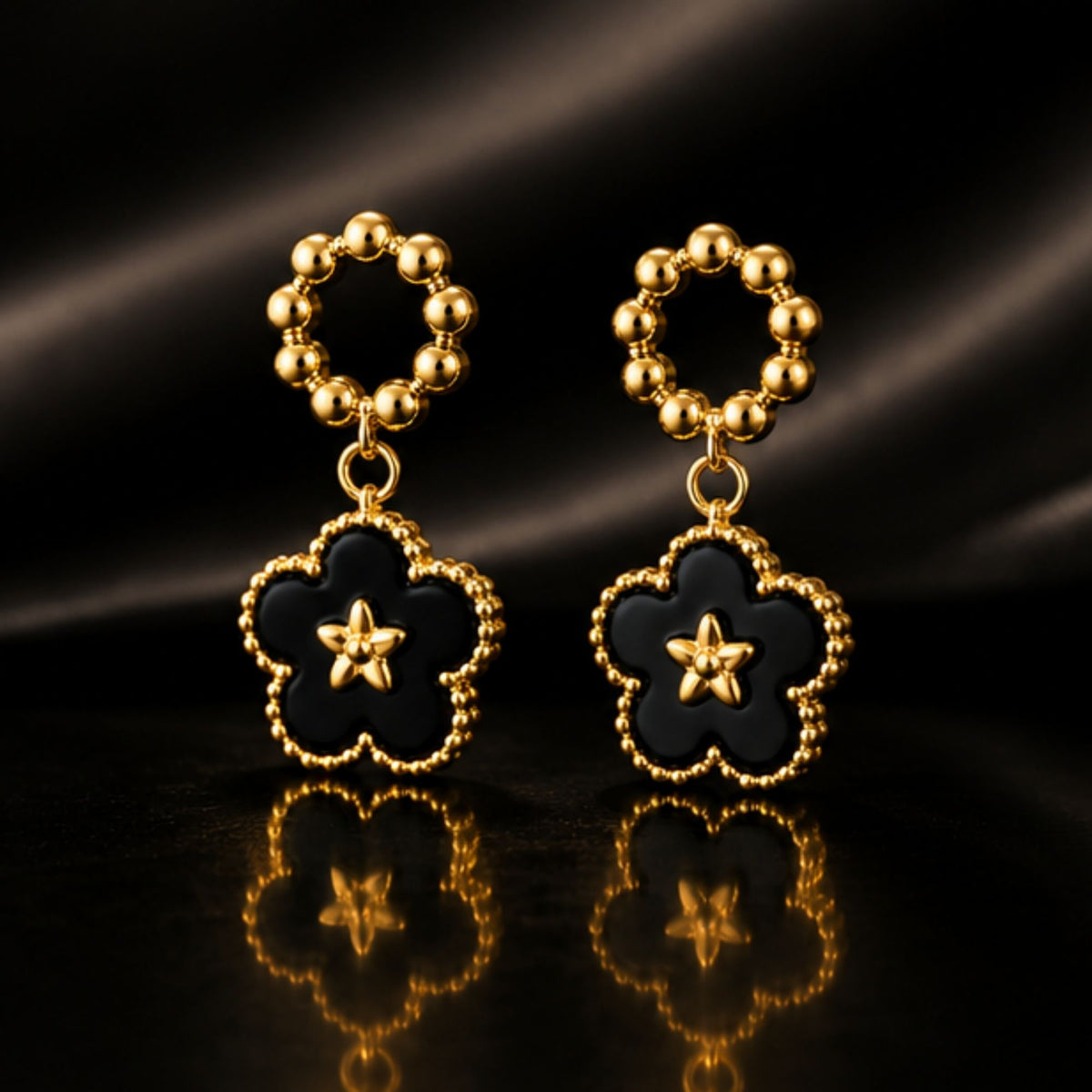 Gold Floral Black Drop Earrings for Everyday Elegance