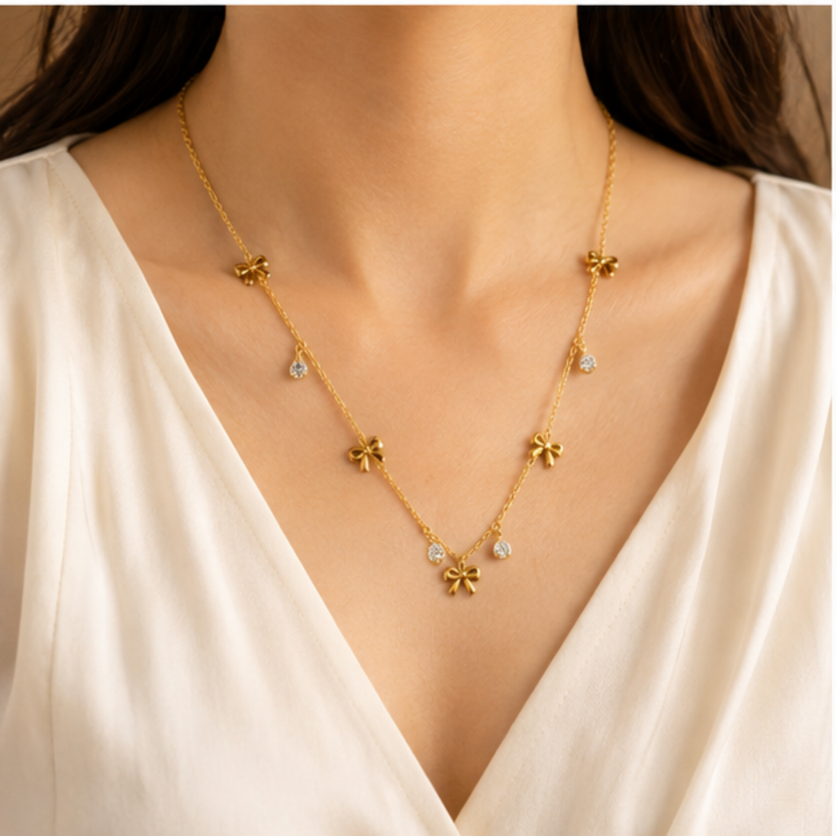 Gold Floral Long Necklace with Delicate Drop Accents
