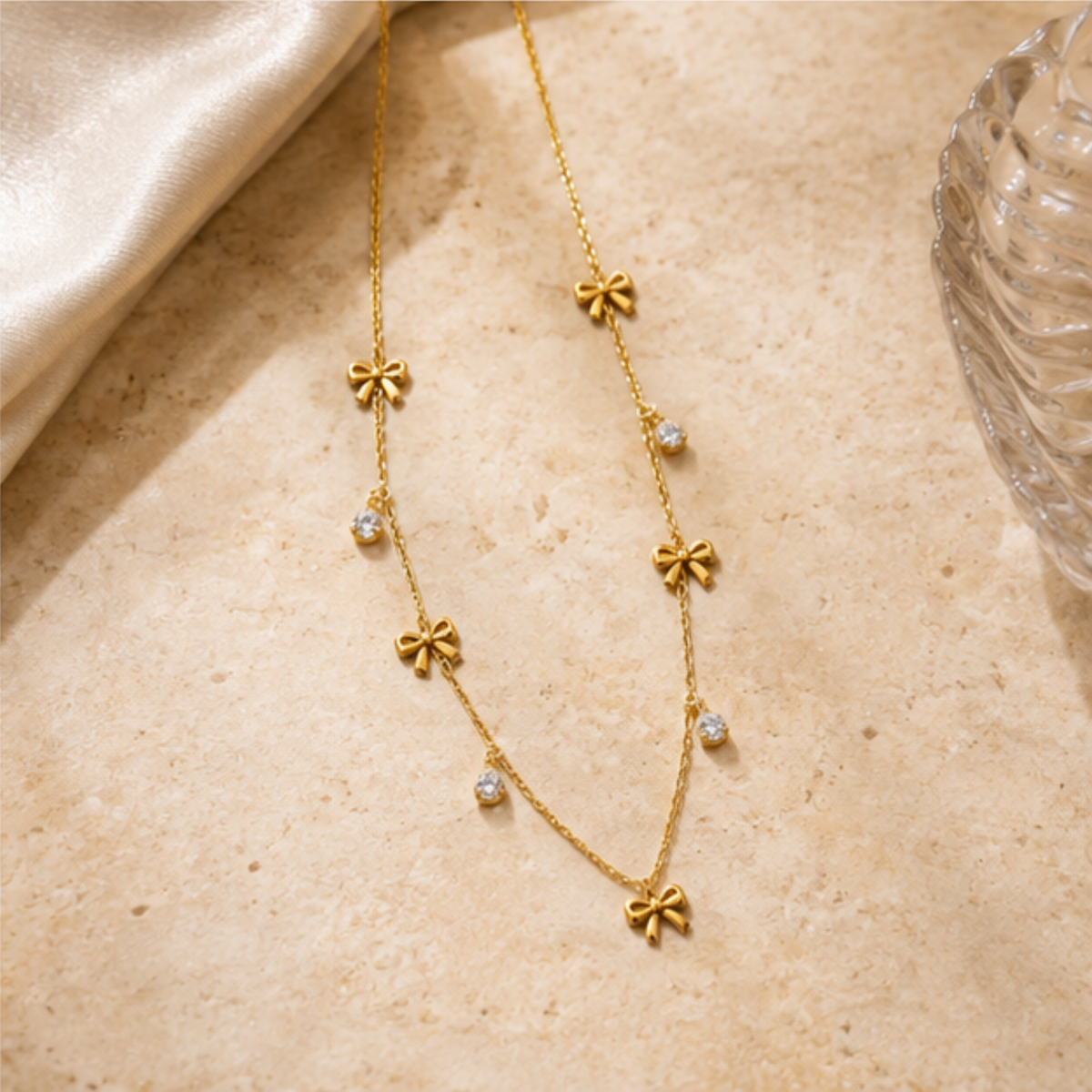 Gold Floral Long Necklace with Delicate Drop Accents
