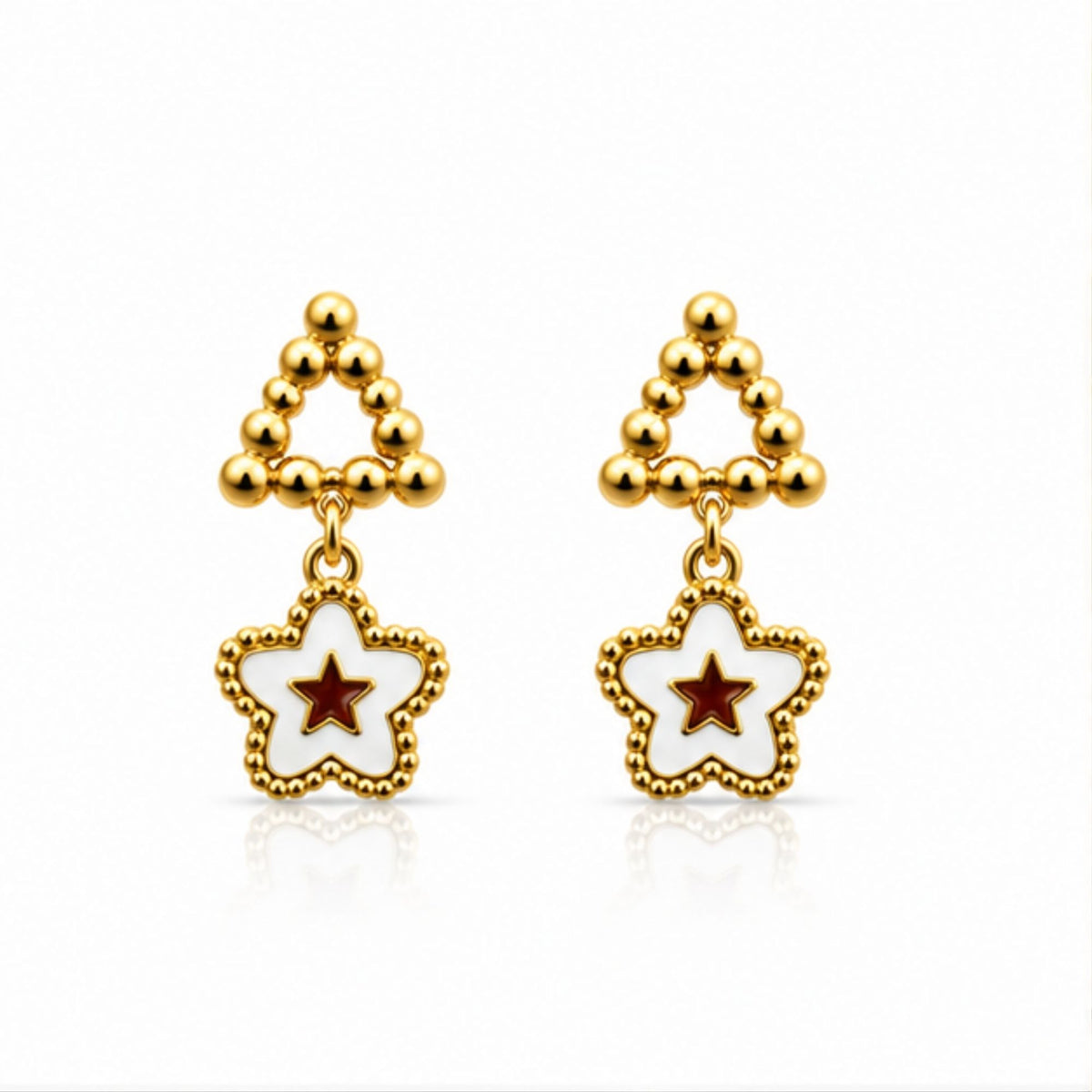 Gold Star Drop Earrings with White Floral Detail