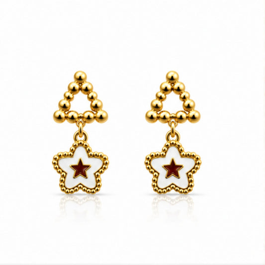 Gold Star Drop Earrings with White Floral Detail