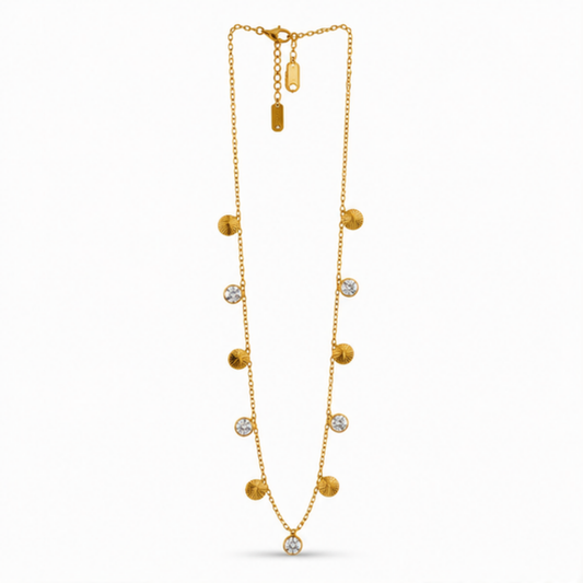Gold Beaded Long Necklace with Sparkling Accent Details