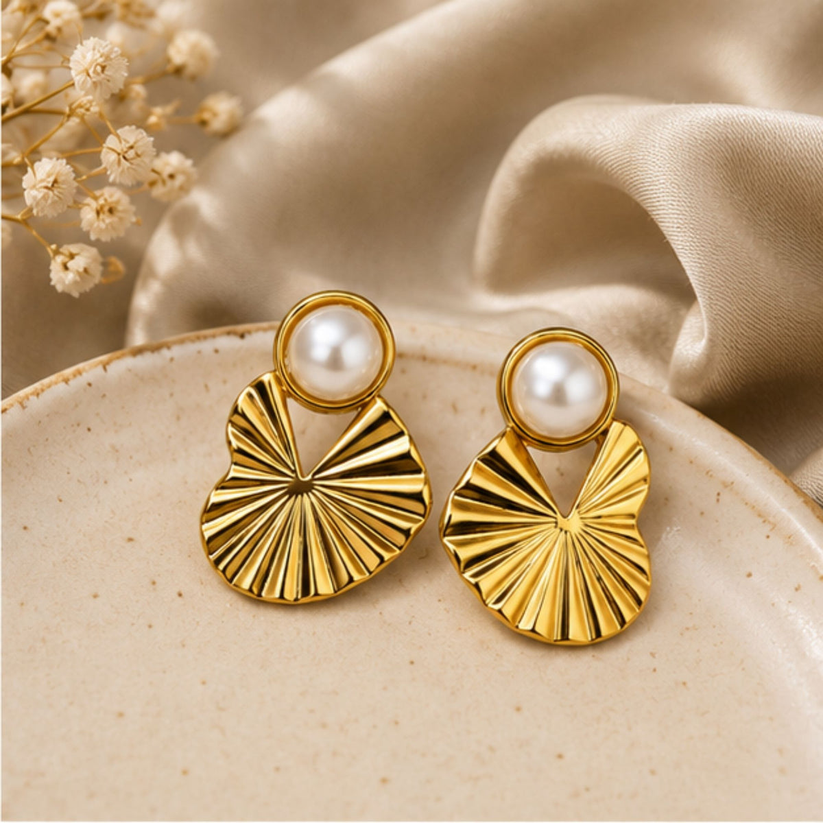 Gold Tone Pearl Fan Drop Earrings for Everyday Elegance