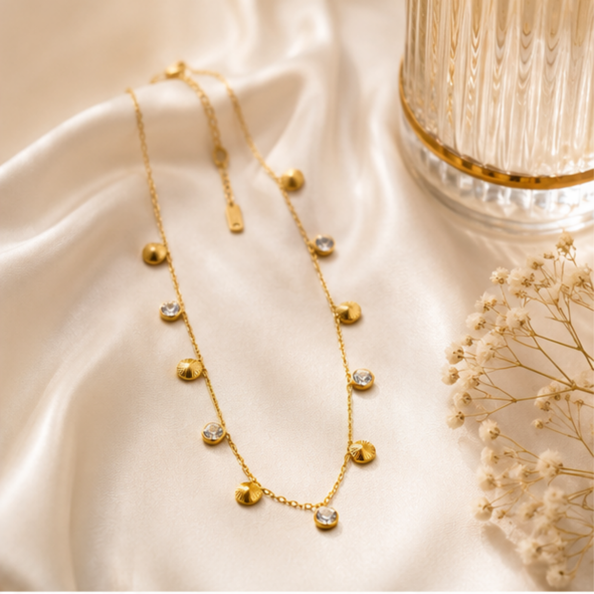 Gold Beaded Long Necklace with Sparkling Accent Details