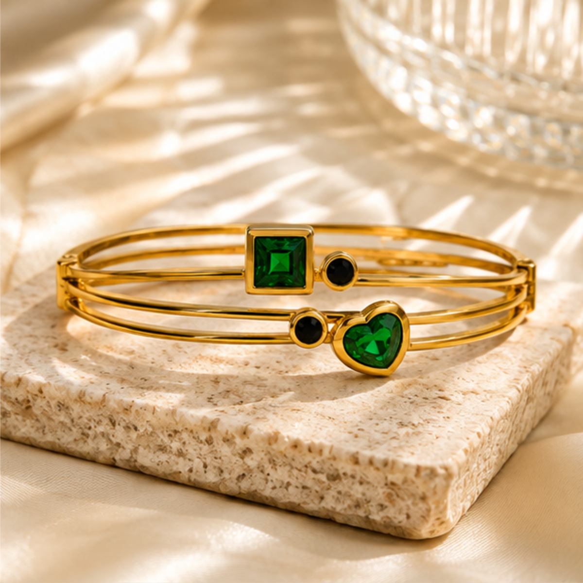 Gold Tone Green Stone Multi Band Bangle Bracelet